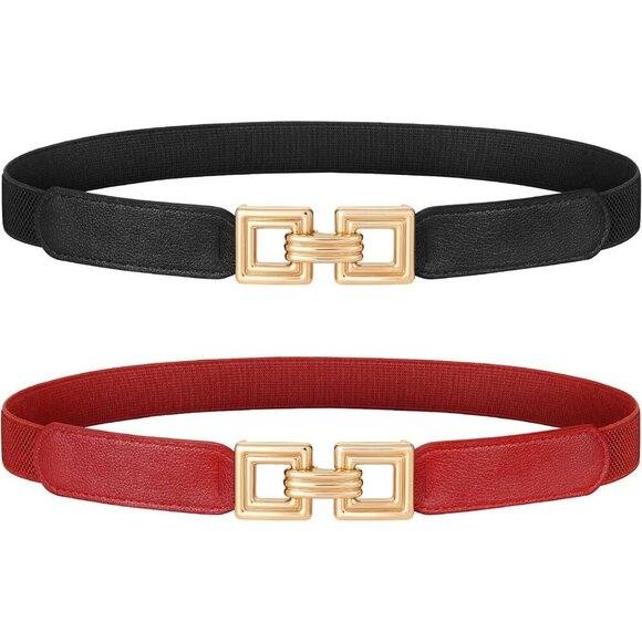 Women Skinny Elastic Cinch Belt 2-Pack Retro Gold Buckle Fits Waist 32-39 main image 4